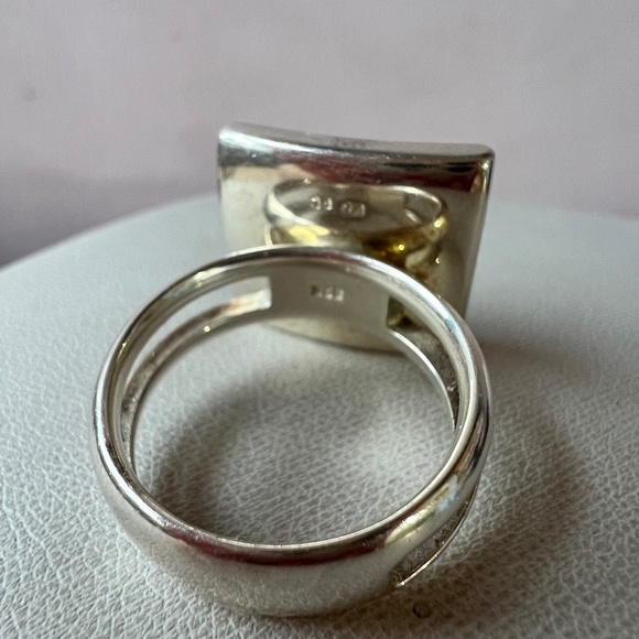 VINTAGE LARGE MODERNIST STATEMENT DESIGNER AMBER RING 925 STERLING SILVER
